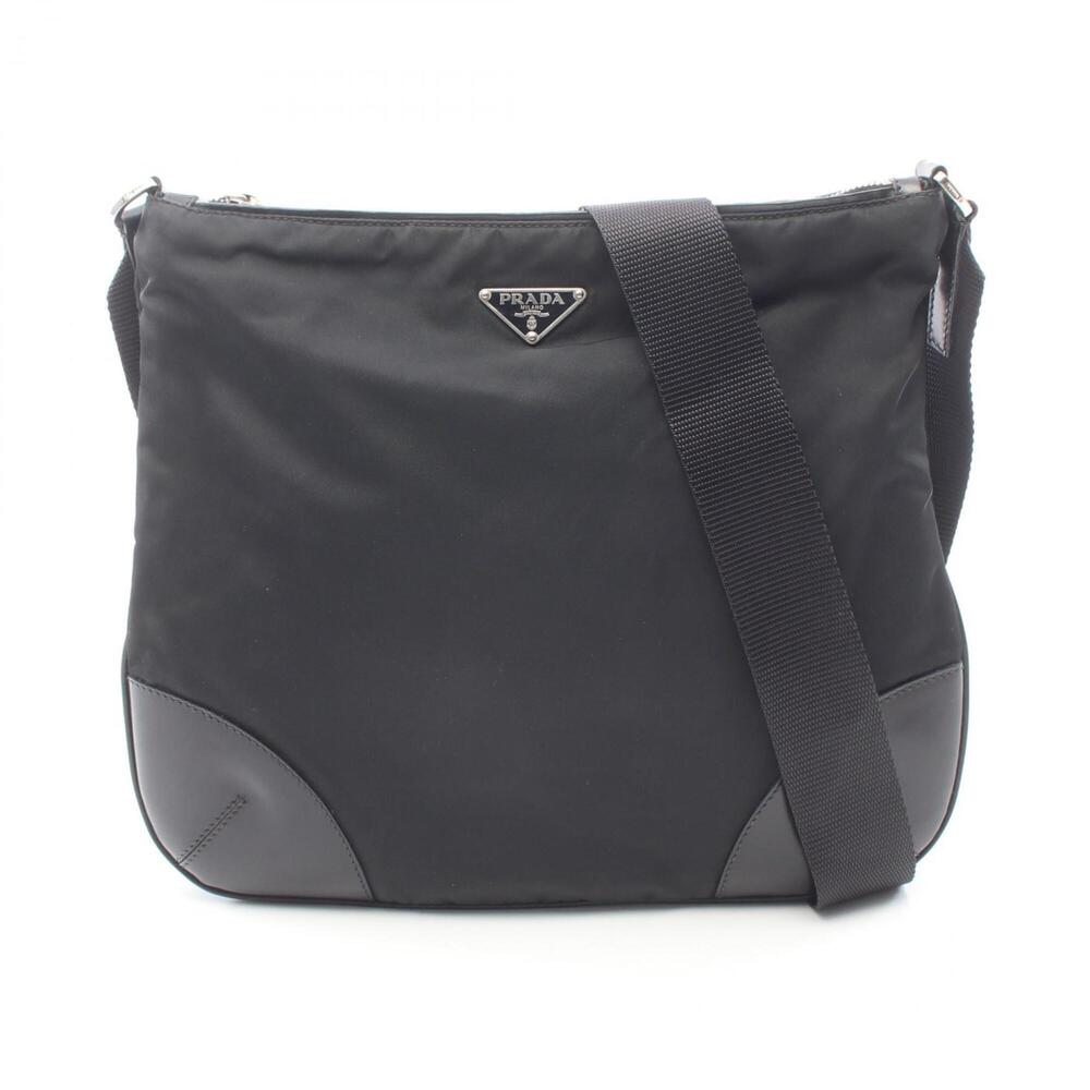 Prada Triangle Logo Shoulder Bag/Handbag, Nylon and Leather, Women's, Black